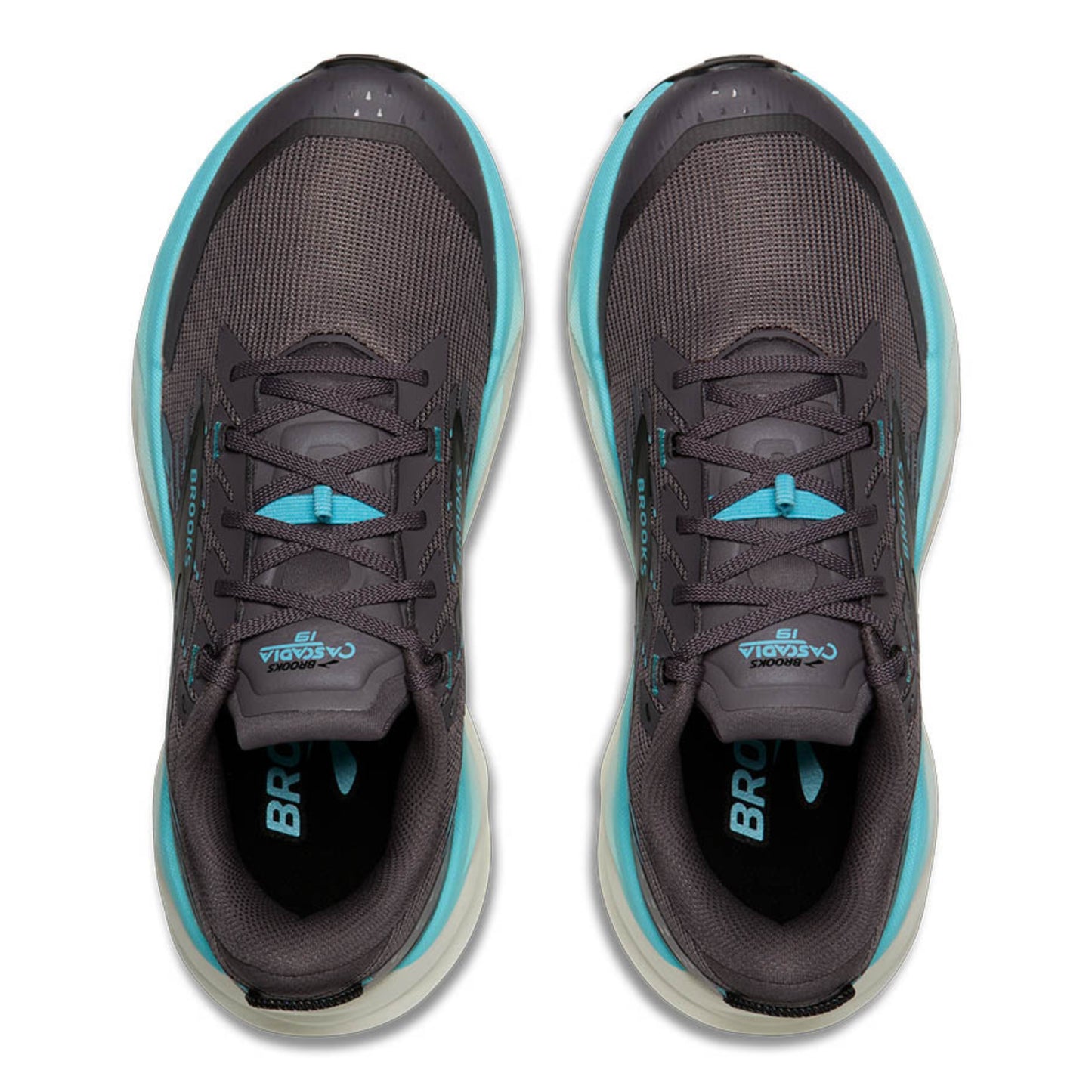 Pair of dark gray Brooks running shoes with teal accents on a white background