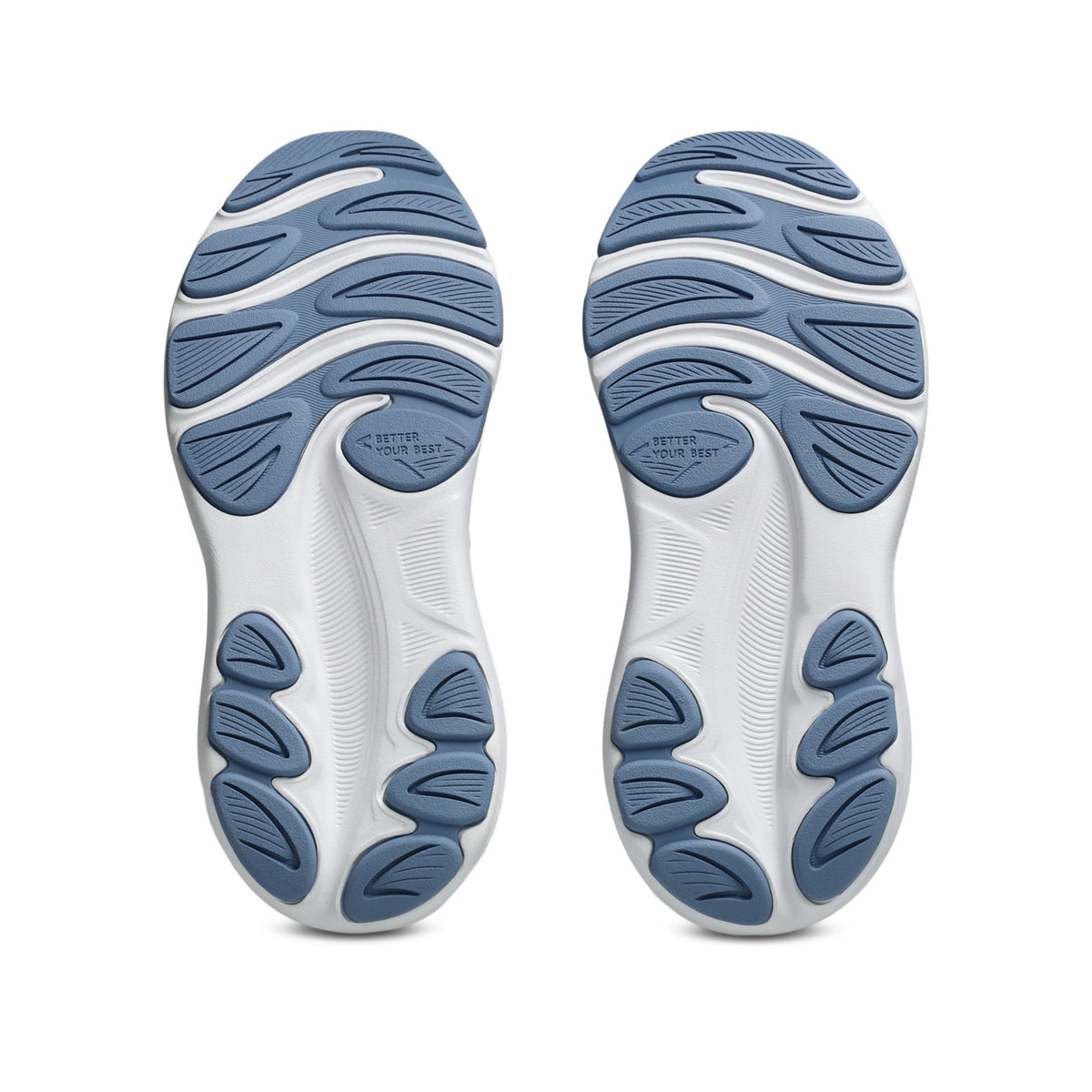 A pair of running shoe soles viewed from the bottom, featuring a dual-tone design with white and blue sections in a grid pattern.