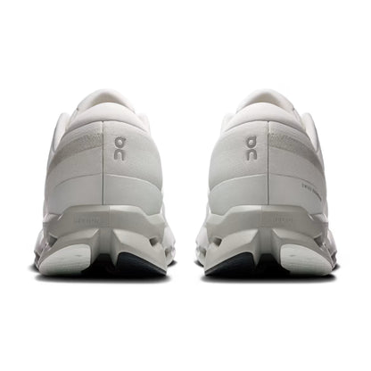 A pair of white On running shoes shown from the rear, featuring the 'on' logo on the heel and a chunky, sculpted white midsole and outsole.