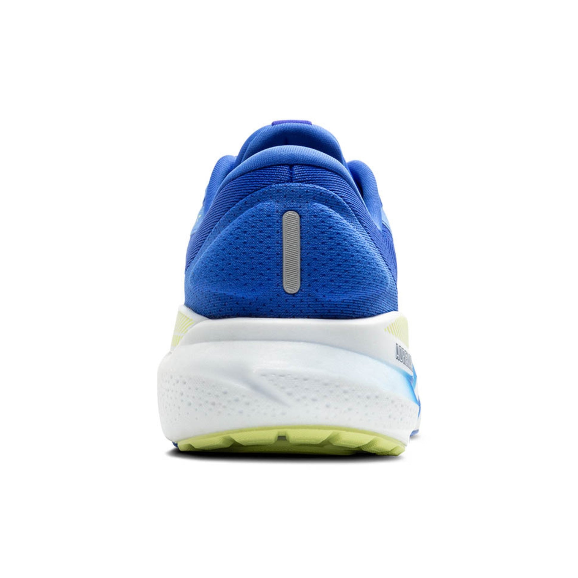 Blue running shoe with a white sole on a white background