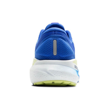 Blue running shoe with a white sole on a white background