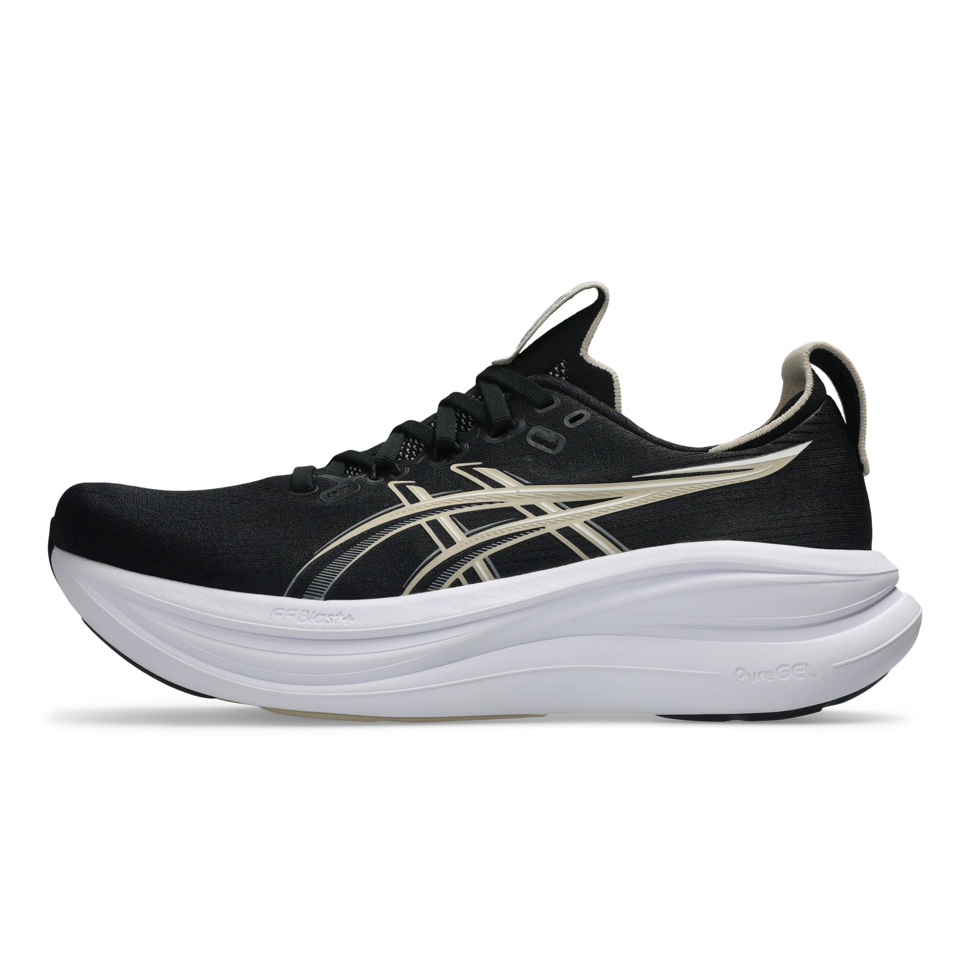 Black Asics running shoe with white sole on a white background