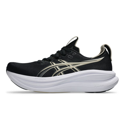 Black Asics running shoe with white sole on a white background