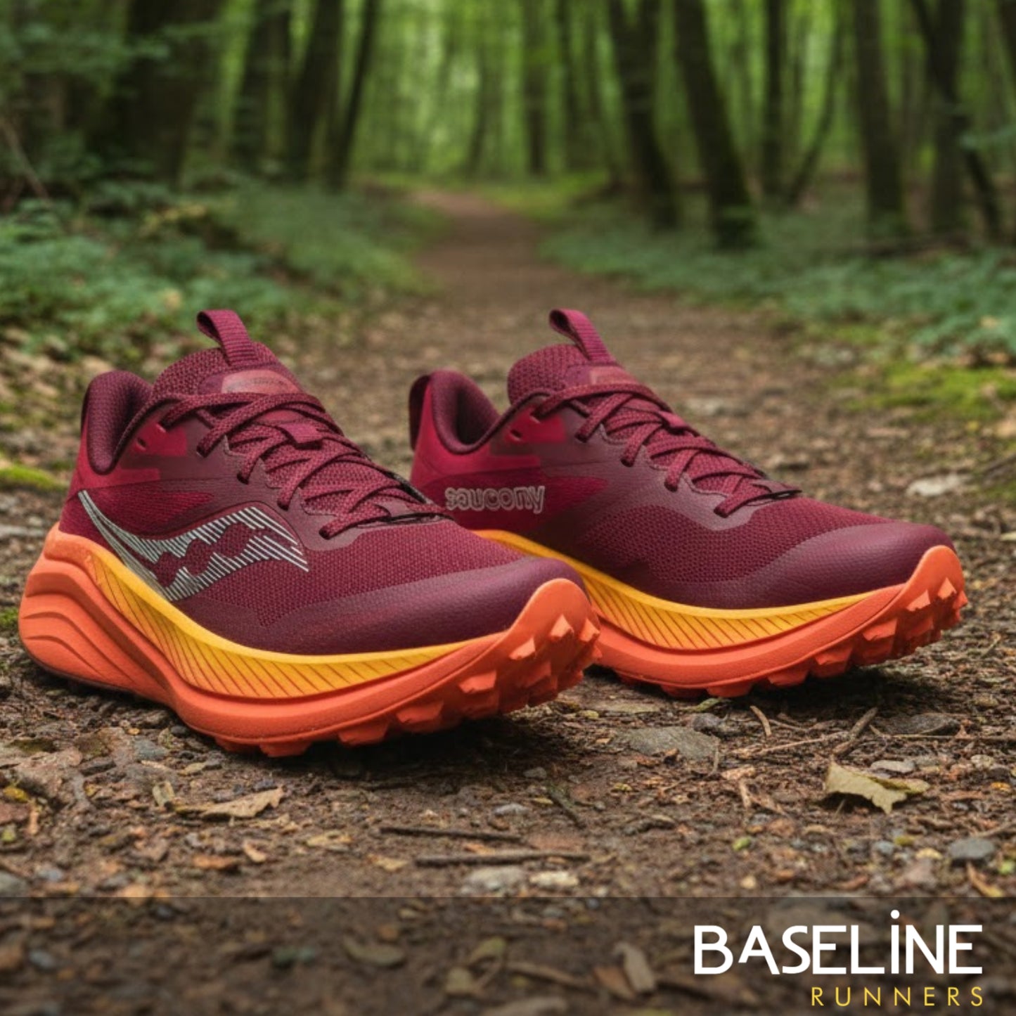 Maroon and orange running shoes on a forest path with 'Baseline Runners' branding.