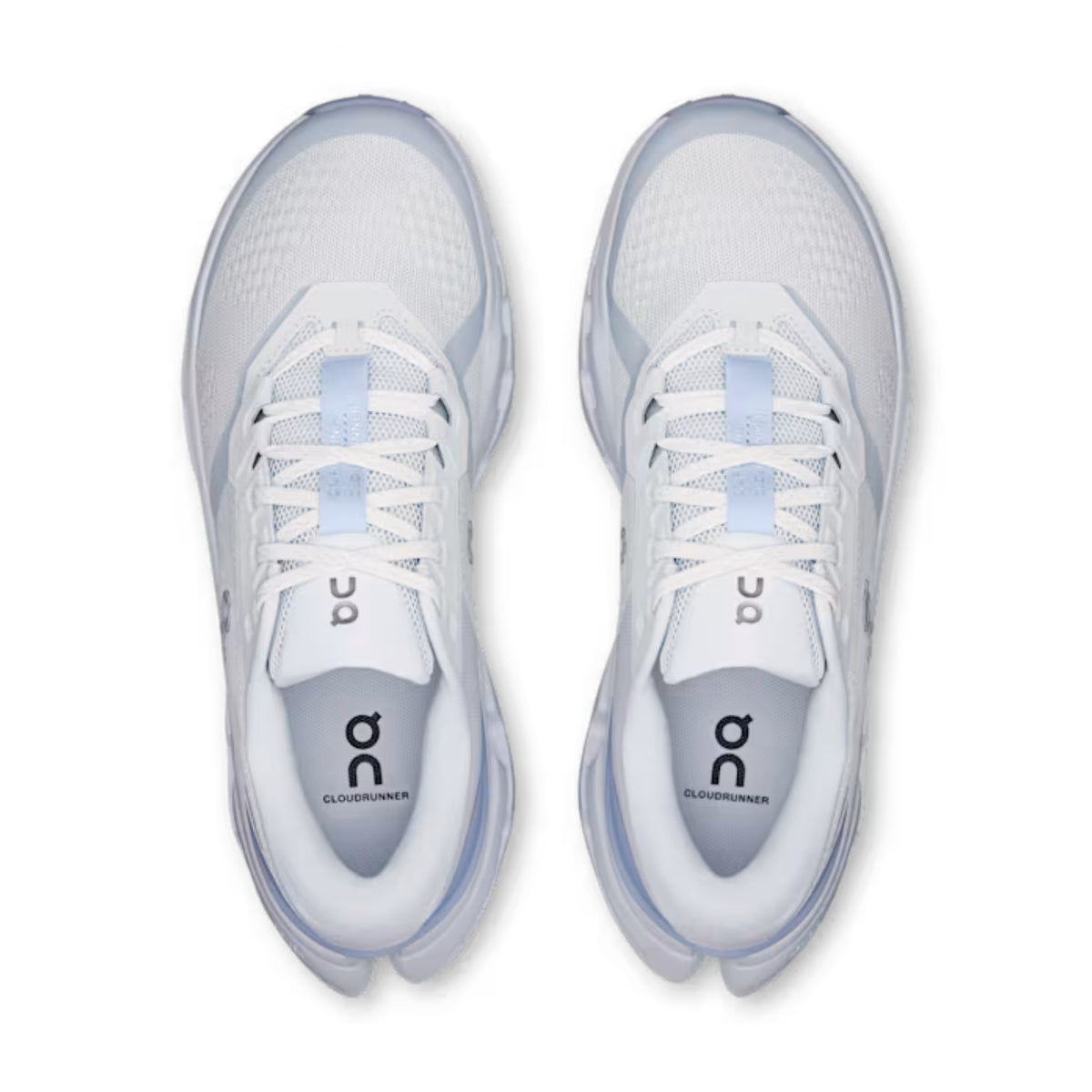 A pair of white and light blue On running shoes shown from a top-down view on a clean white background.