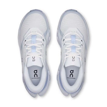 A pair of white and light blue On running shoes shown from a top-down view on a clean white background.