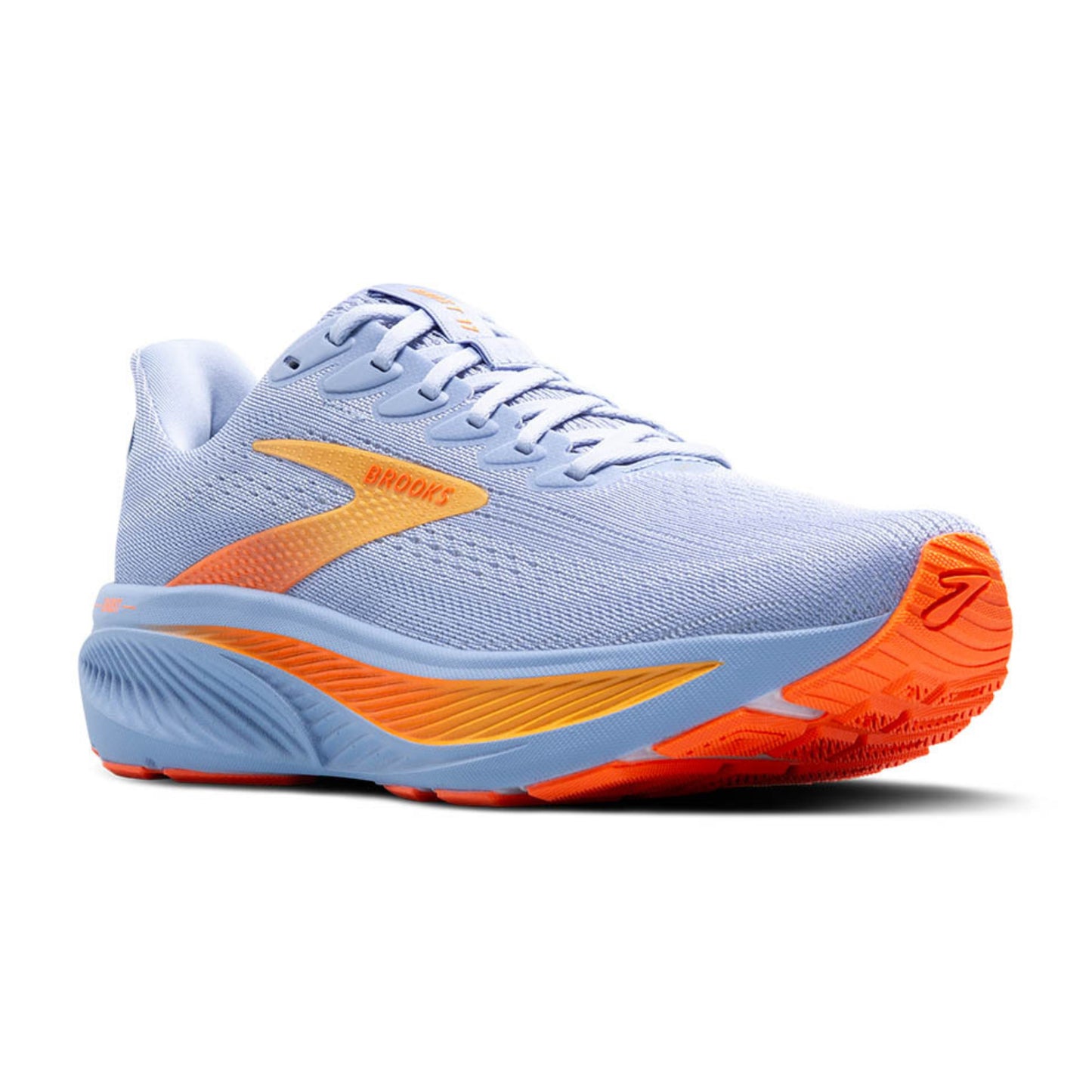 Light blue and orange running shoe on a white background