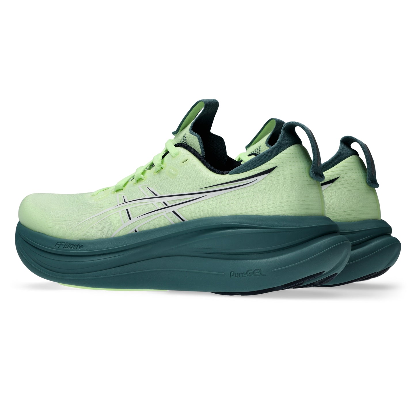Light green Asics running shoes with a dark green sole on a white background