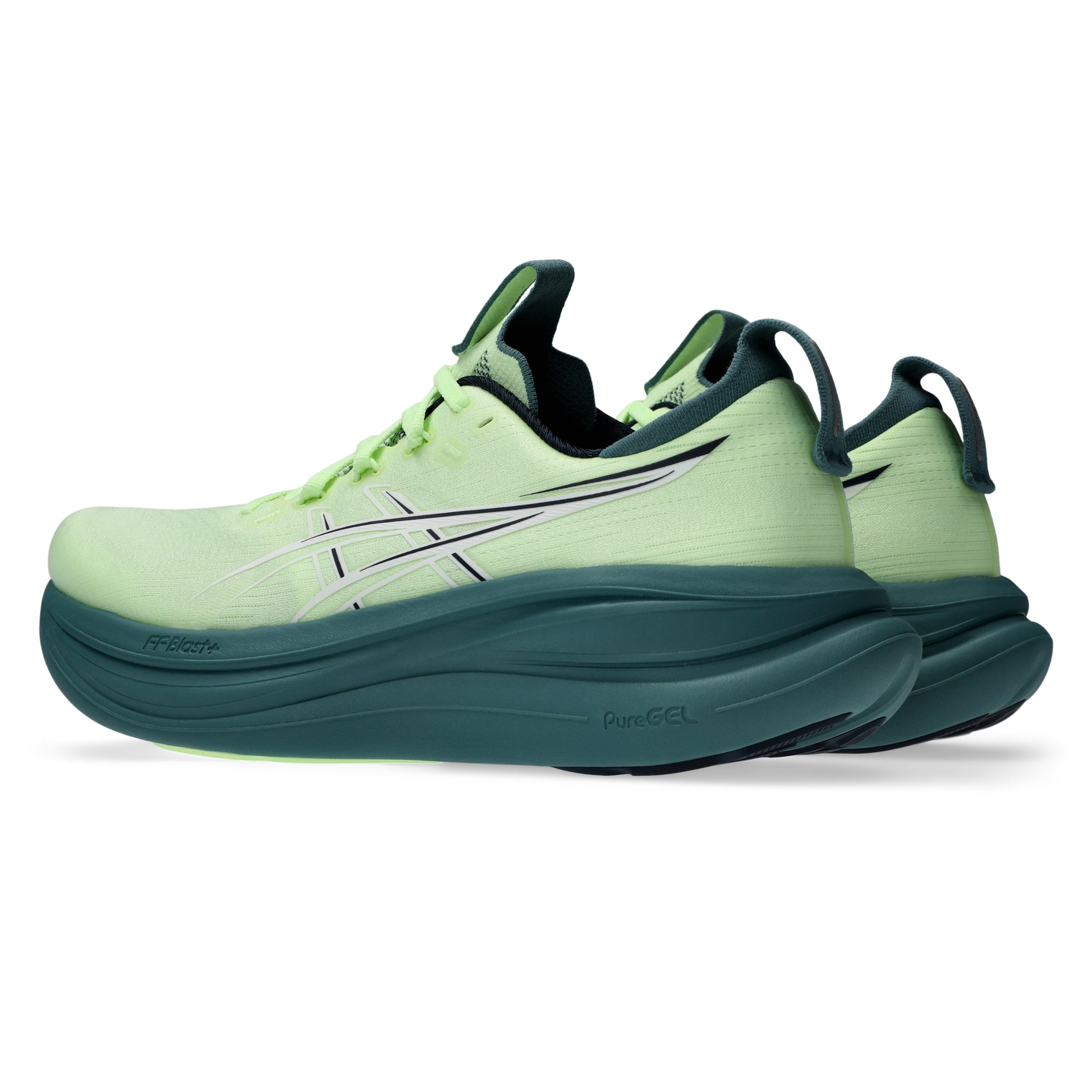 Light green Asics running shoes with a dark green sole on a white background
