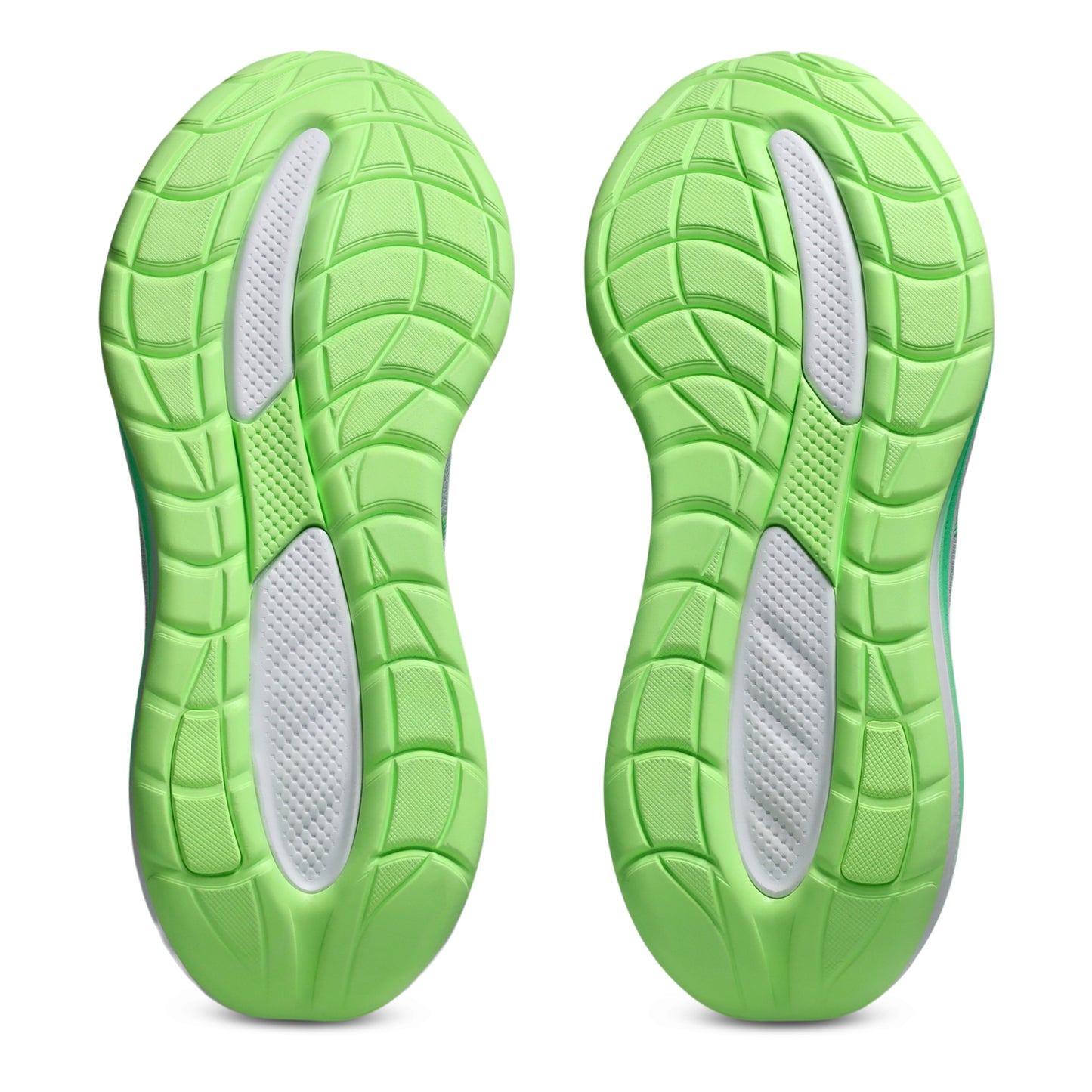 Bottom of Asics running shoe green soles with white tread pattern on a white background