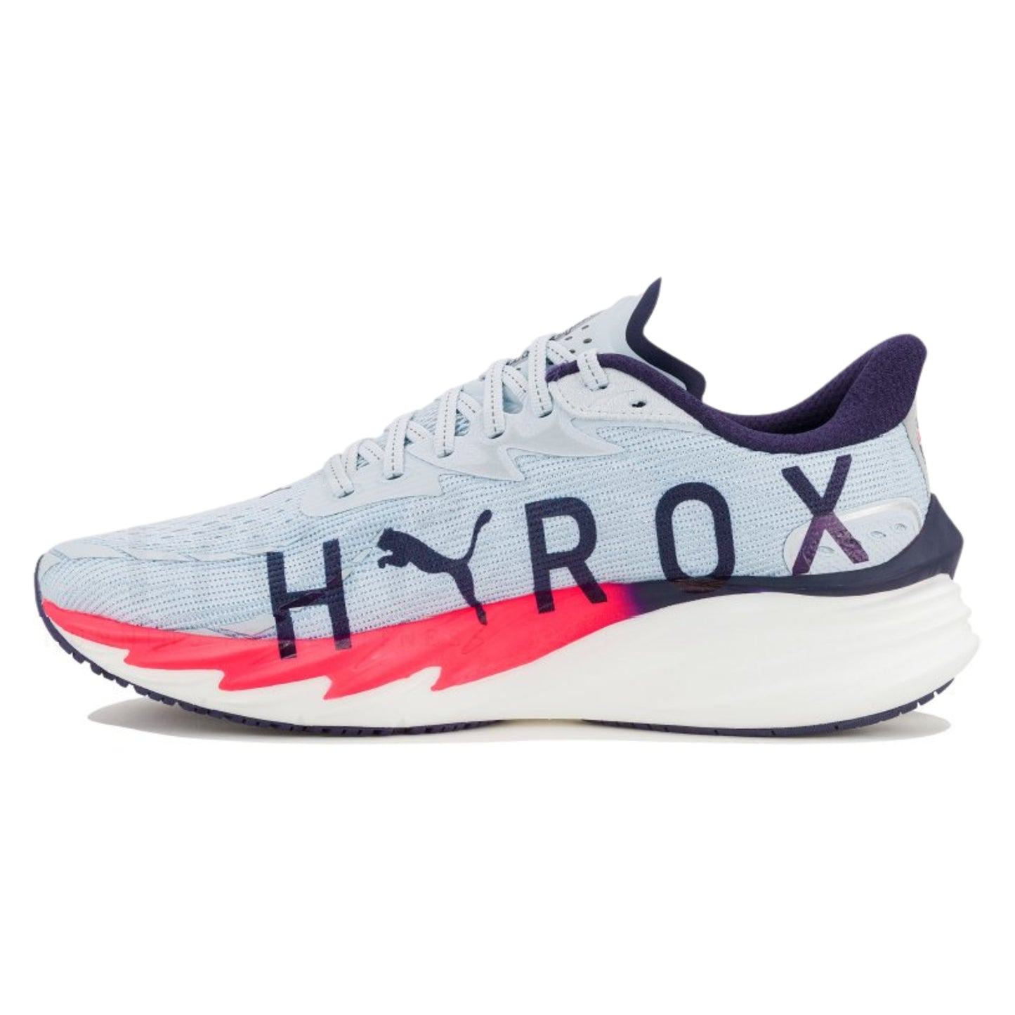 Light blue Puma running shoe with 'HYROX' and pink accents on a white background