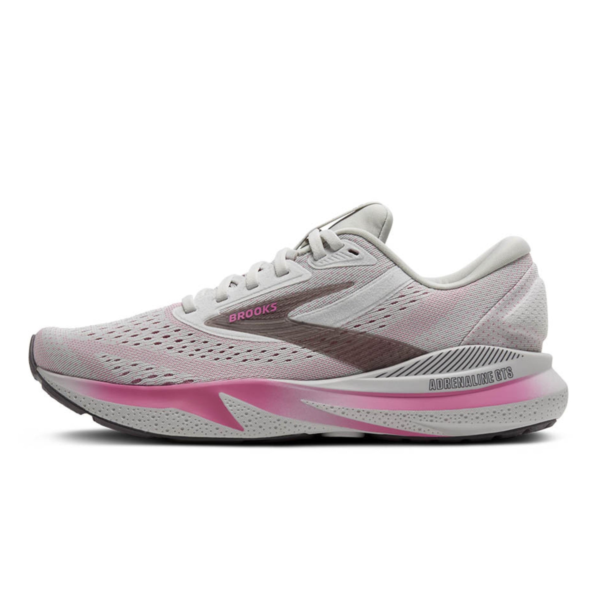White and pink running shoe with 'Brooks' branding on a white background