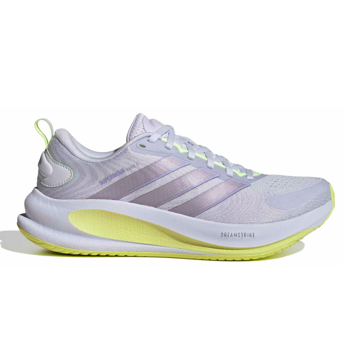 A single Adidas running shoe in a light lavender-gray colorway with metallic lavender stripes, a white midsole, and a bright yellow-green outsole, shown against a plain white background.