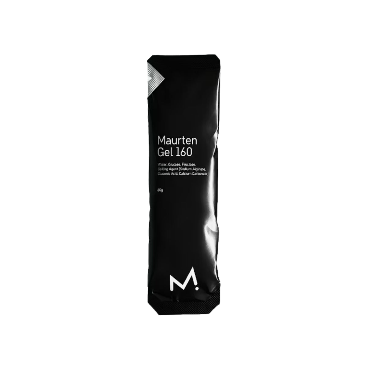 A single black sachet of Maurten Gel 160, a dietary supplement, centered on a plain white background.