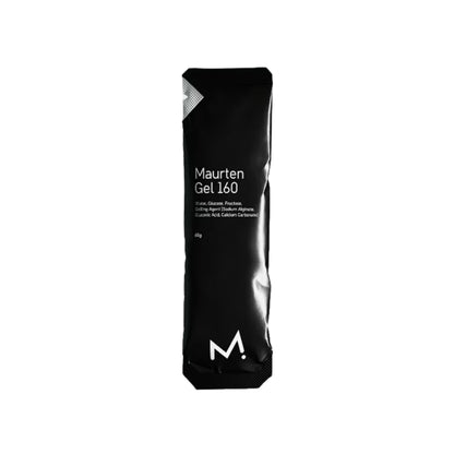 A single black sachet of Maurten Gel 160, a dietary supplement, centered on a plain white background.