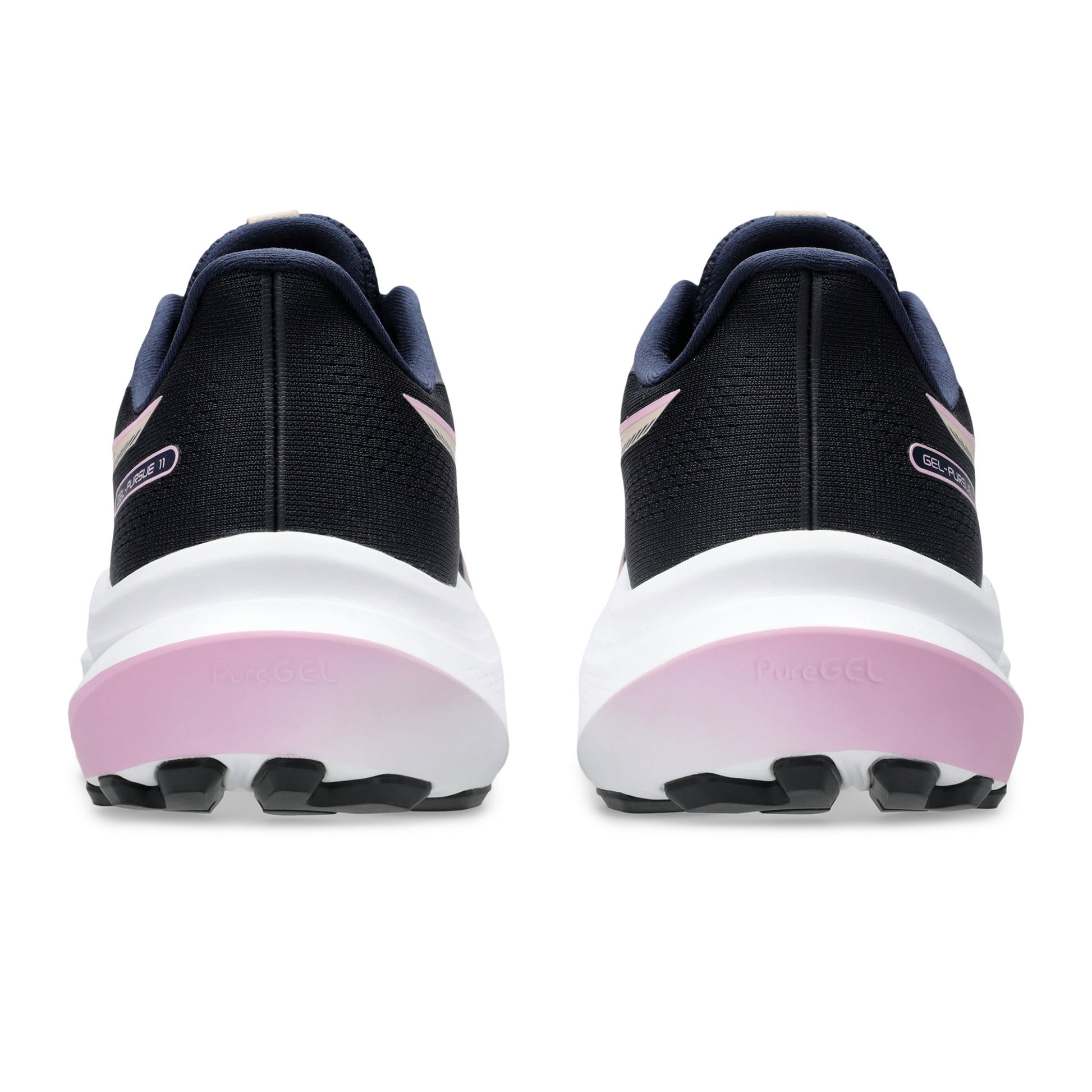 A pair of Asics running shoes shown from the rear, featuring a black mesh upper, navy blue lining, a thick white midsole, and a light pink outsole.