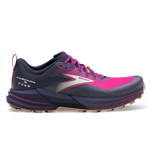 Pink and navy running shoe with 'Brooks' branding on a white background