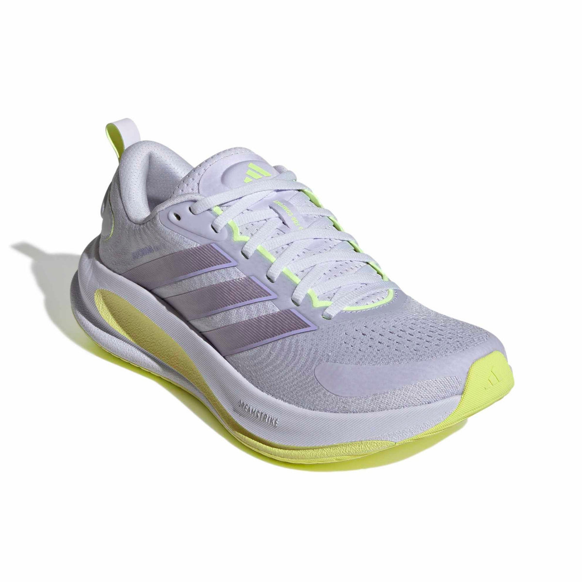 A white Adidas running shoe with light purple side stripes, neon yellow accents on the outsole, laces, and heel, shown on a white background with a soft shadow.