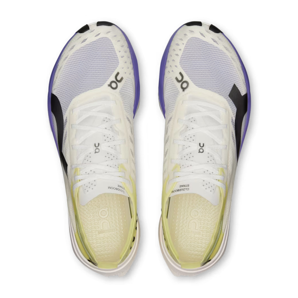 A pair of On running shoes shown from a top-down view, featuring a white and light gray mesh upper with purple and black accents, and a pale yellow cushioned footbed.
