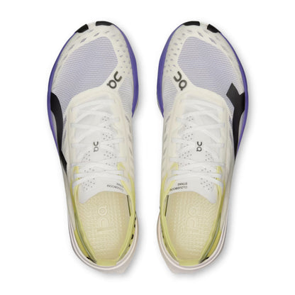 A pair of On running shoes shown from a top-down view, featuring a white and light gray mesh upper with purple and black accents, and a pale yellow cushioned footbed.