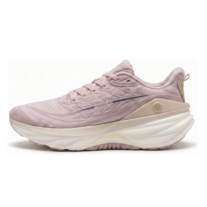 A single running shoe in a dusty pink and beige colorway, shown from the side against a plain white background. The shoe features a textured pink upper, a thick beige midsole, and a white outsole.