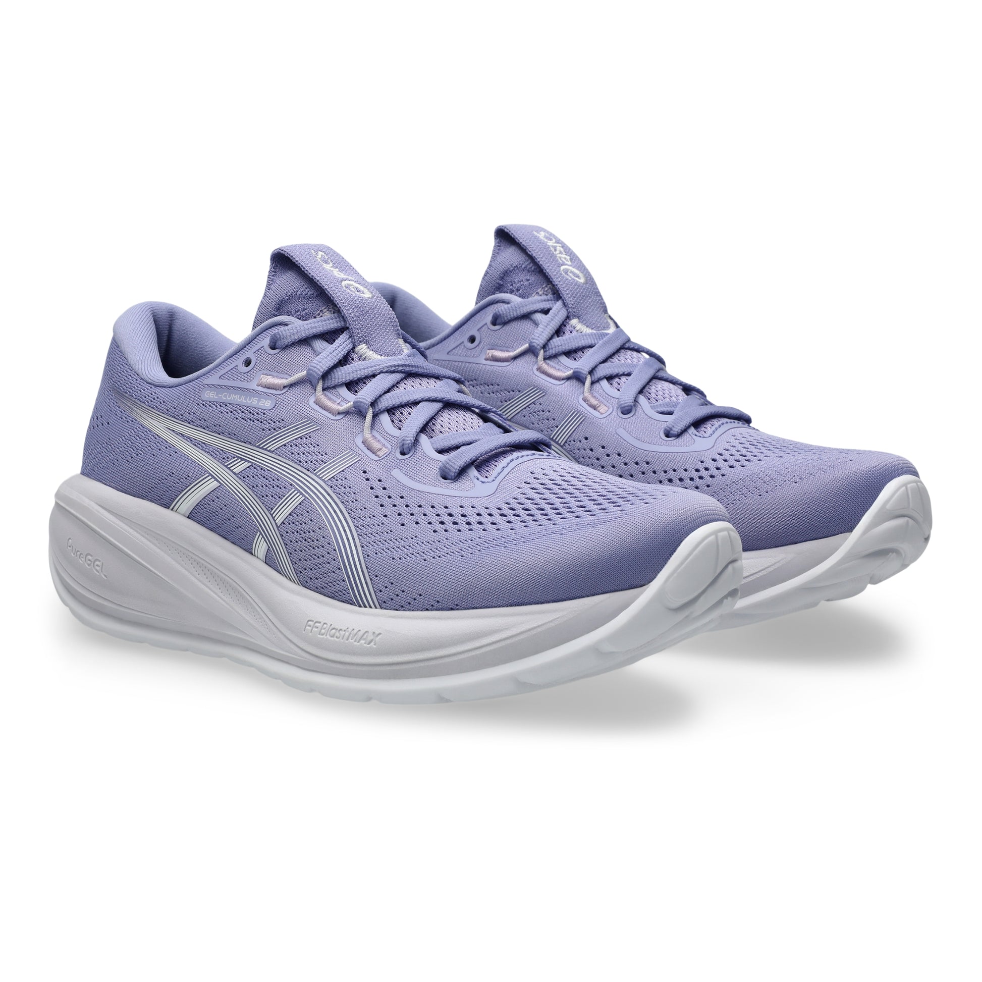 Pair of purple Asics running shoes with white soles on a white background