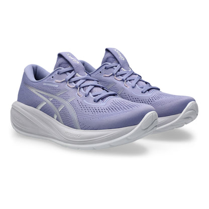 Pair of purple Asics running shoes with white soles on a white background
