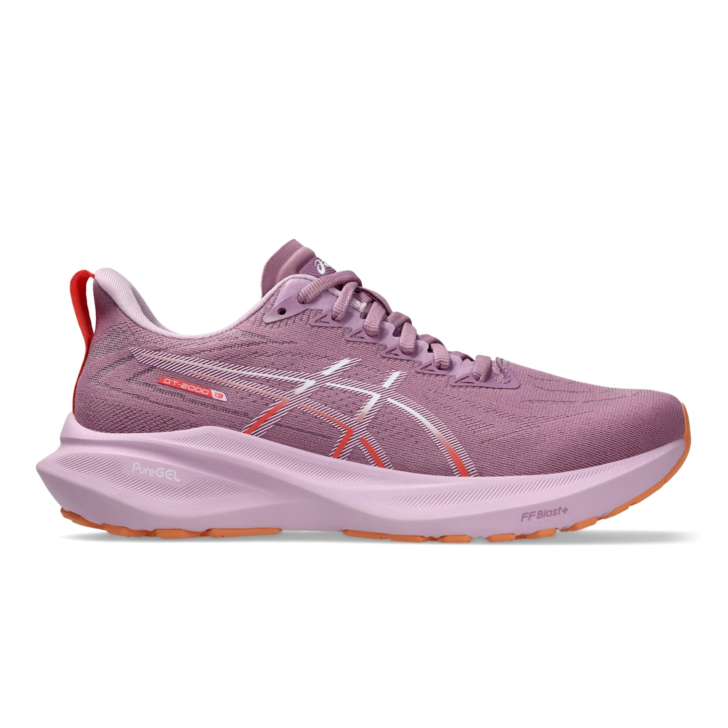 Ube running shoe with orange sole on a white background