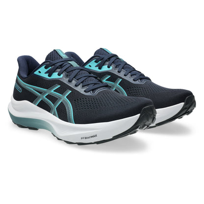 Navy Asics running shoes with Light blue accents on a white background