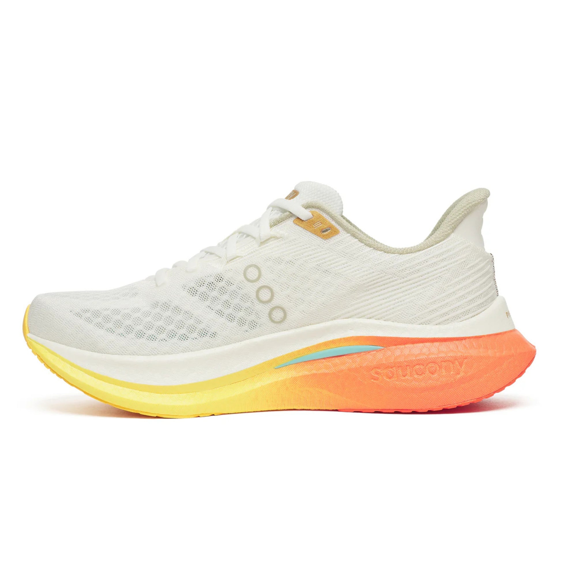 White Saucony running shoe with orange sole on a white background
