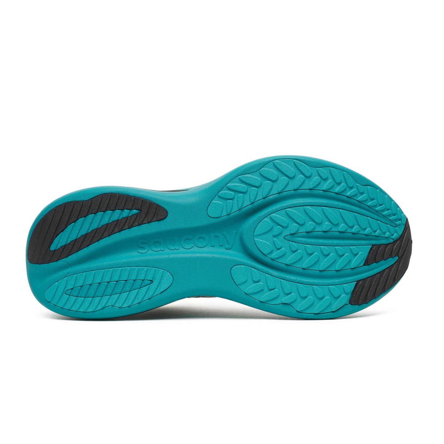 Teal and black athletic shoe sole on a white background