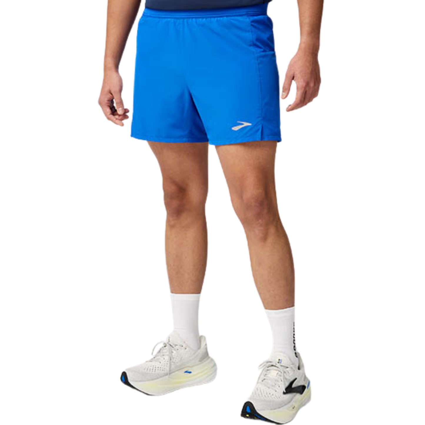 Person wearing blue running shorts with a brand logo on a white background