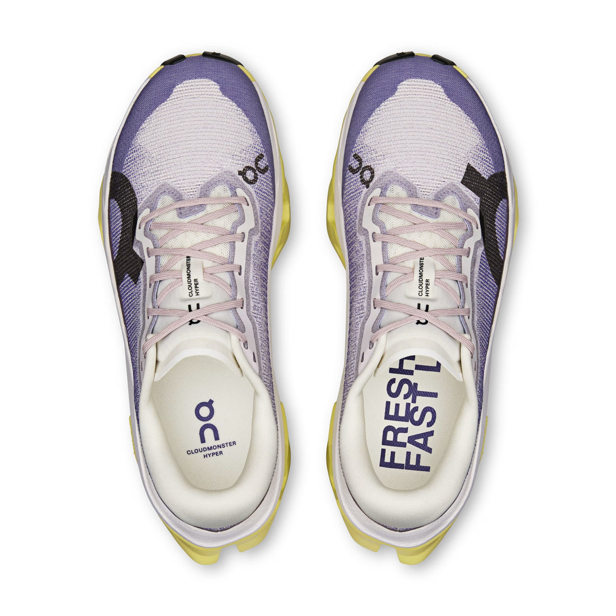 A pair of On running shoes shown from a top-down view, featuring a purple and white cloud-like patterned upper, light pink laces, and a white heel counter with purple branding.