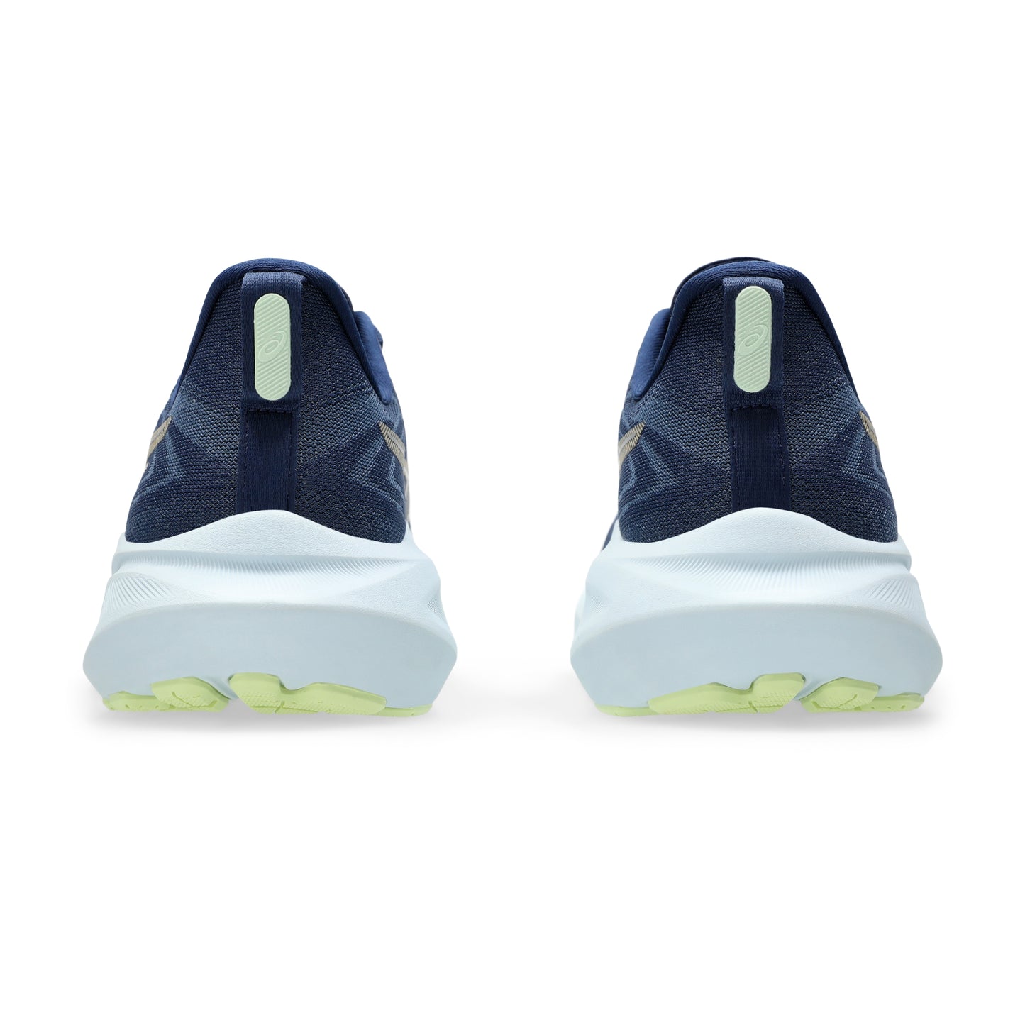 Blue running shoes with white soles and green accents on a white background