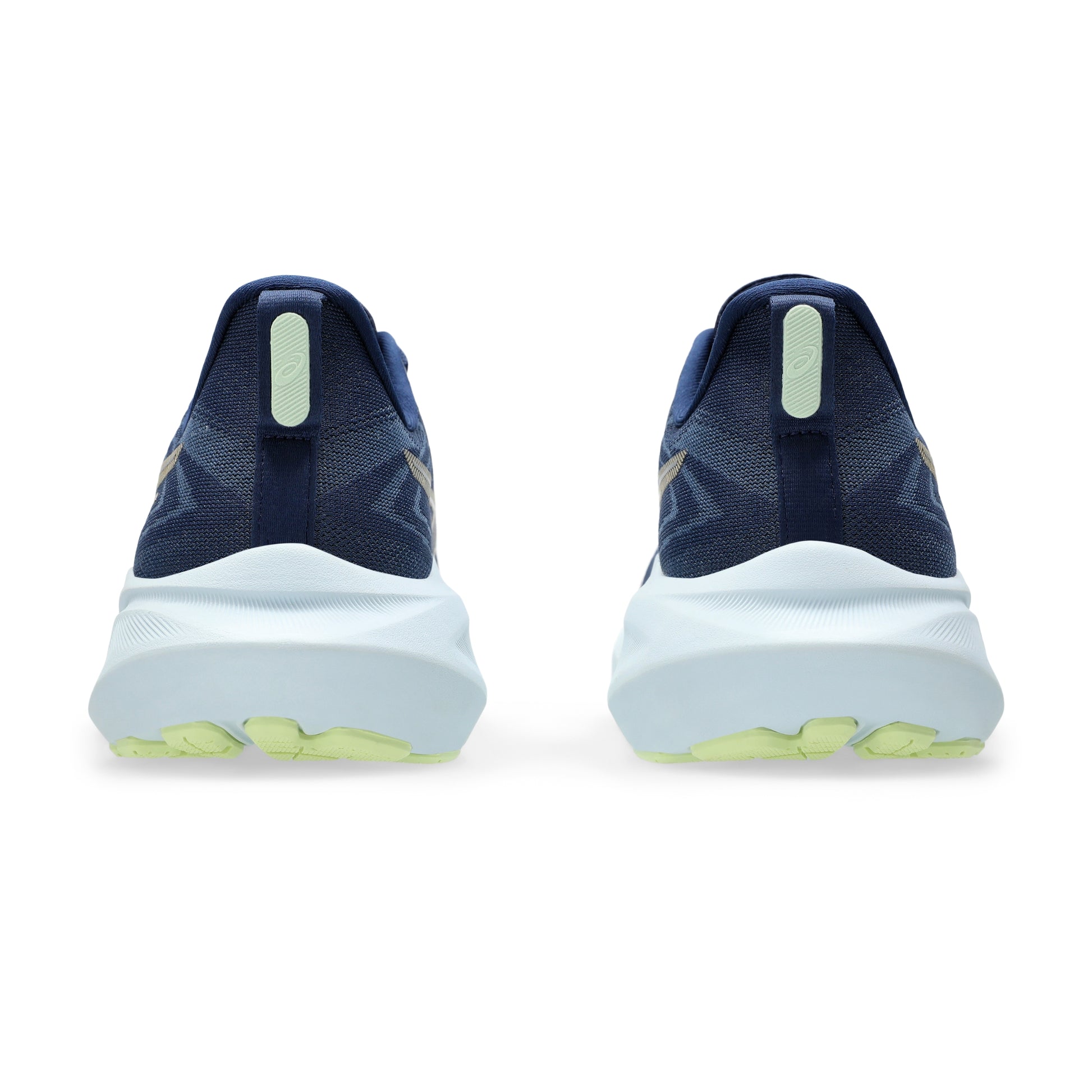 Blue running shoes with white soles and green accents on a white background