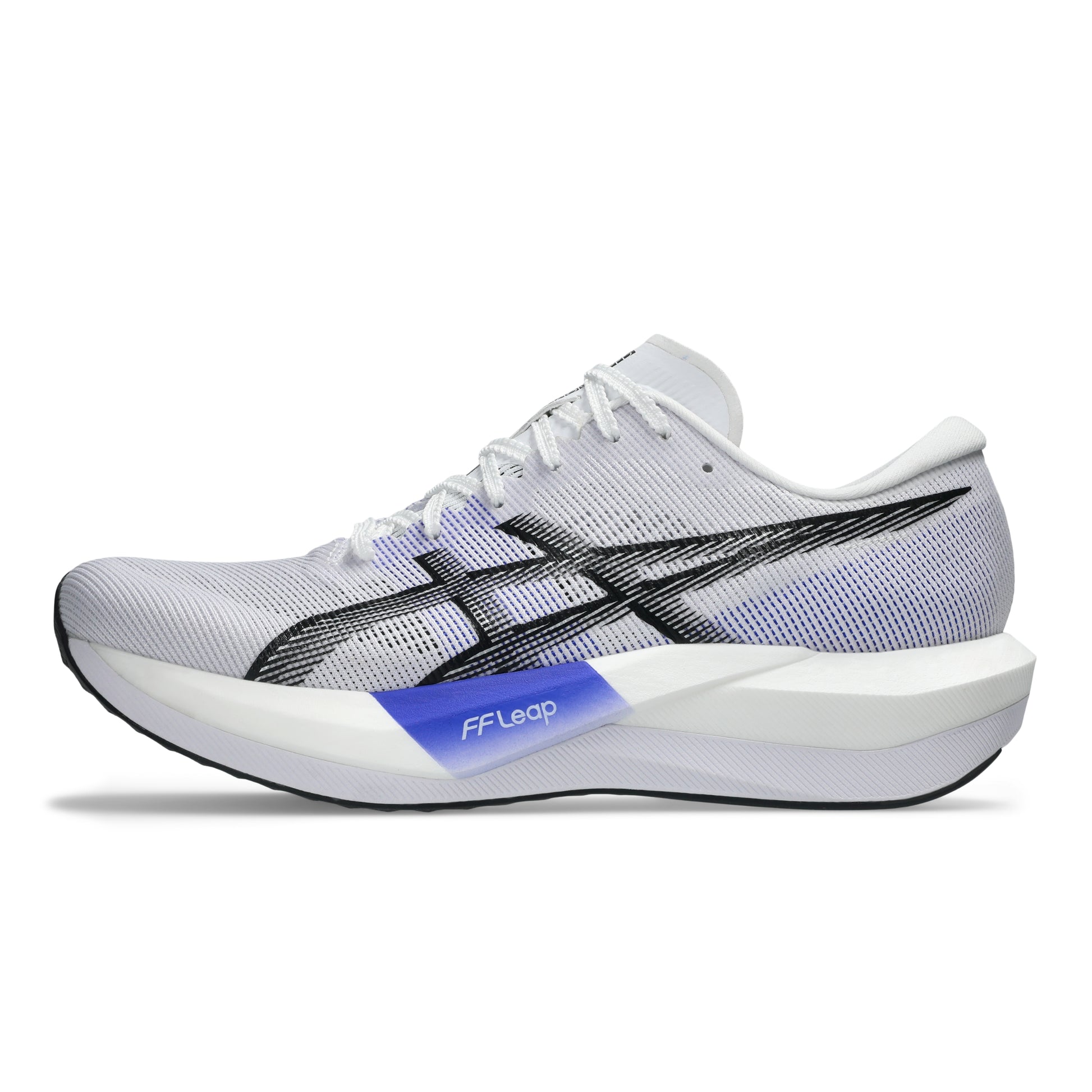 White running shoe with black and blue accents on a white background