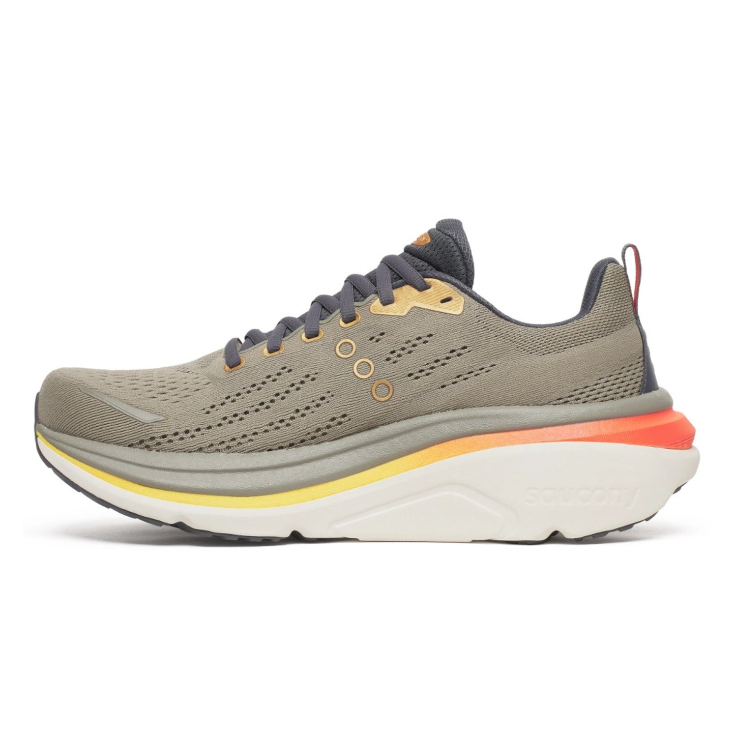 Gray Saucony running shoe with colorful sole on a white background