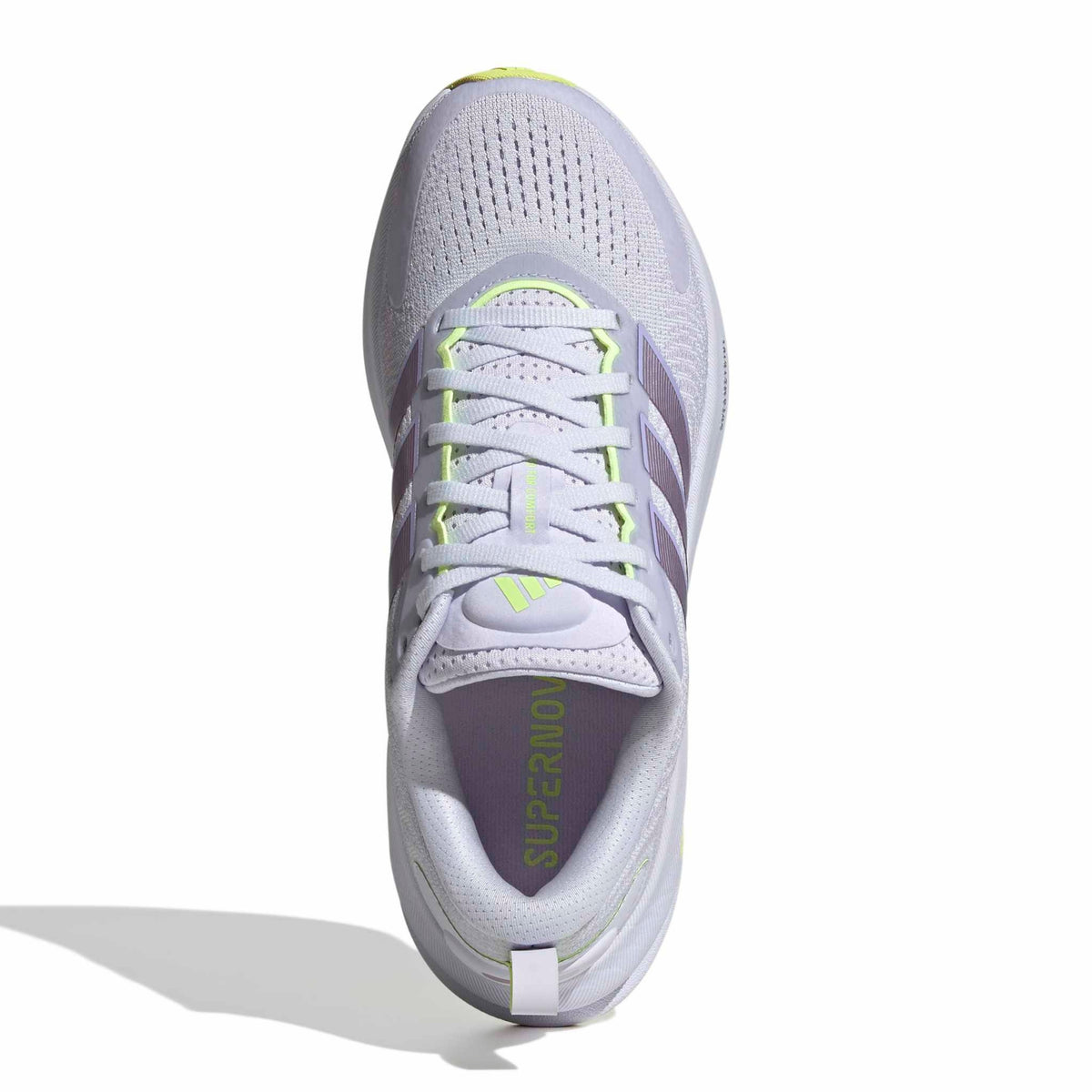 A single Adidas running shoe shown from a top-down view on a white background. The shoe features a light gray and white mesh upper with purple accents on the stripes and tongue, and neon yellow-green details on the laces and heel pull tab.
