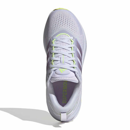 A single Adidas running shoe shown from a top-down view on a white background. The shoe features a light gray and white mesh upper with purple accents on the stripes and tongue, and neon yellow-green details on the laces and heel pull tab.