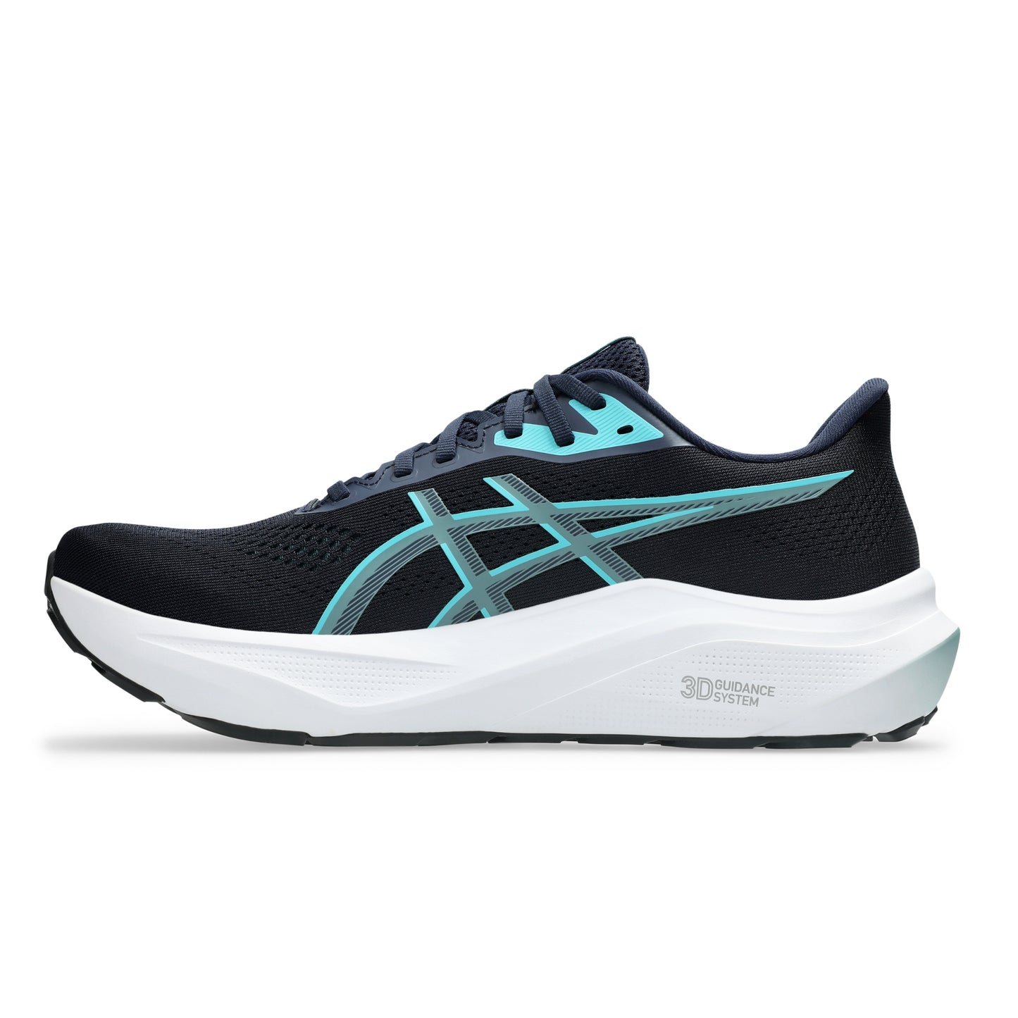 Navy Asics running shoe with Light blue accents on a white background