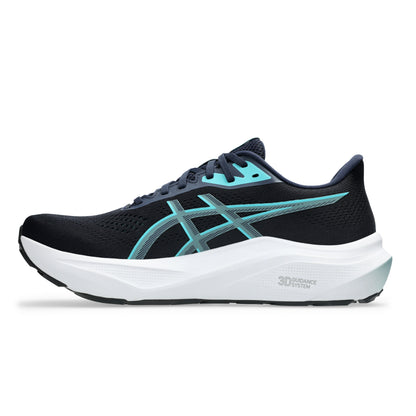 Navy Asics running shoe with Light blue accents on a white background