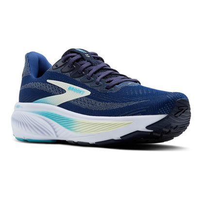 Blue Brooks running shoe with white sole on a white background