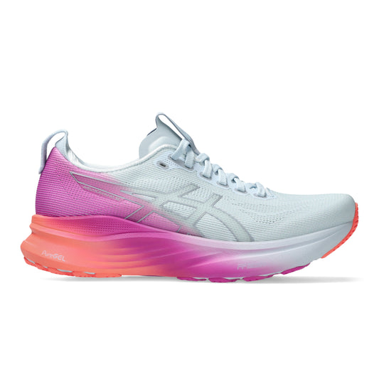 White Asics running shoe with pink and orange gradient sole on a white background