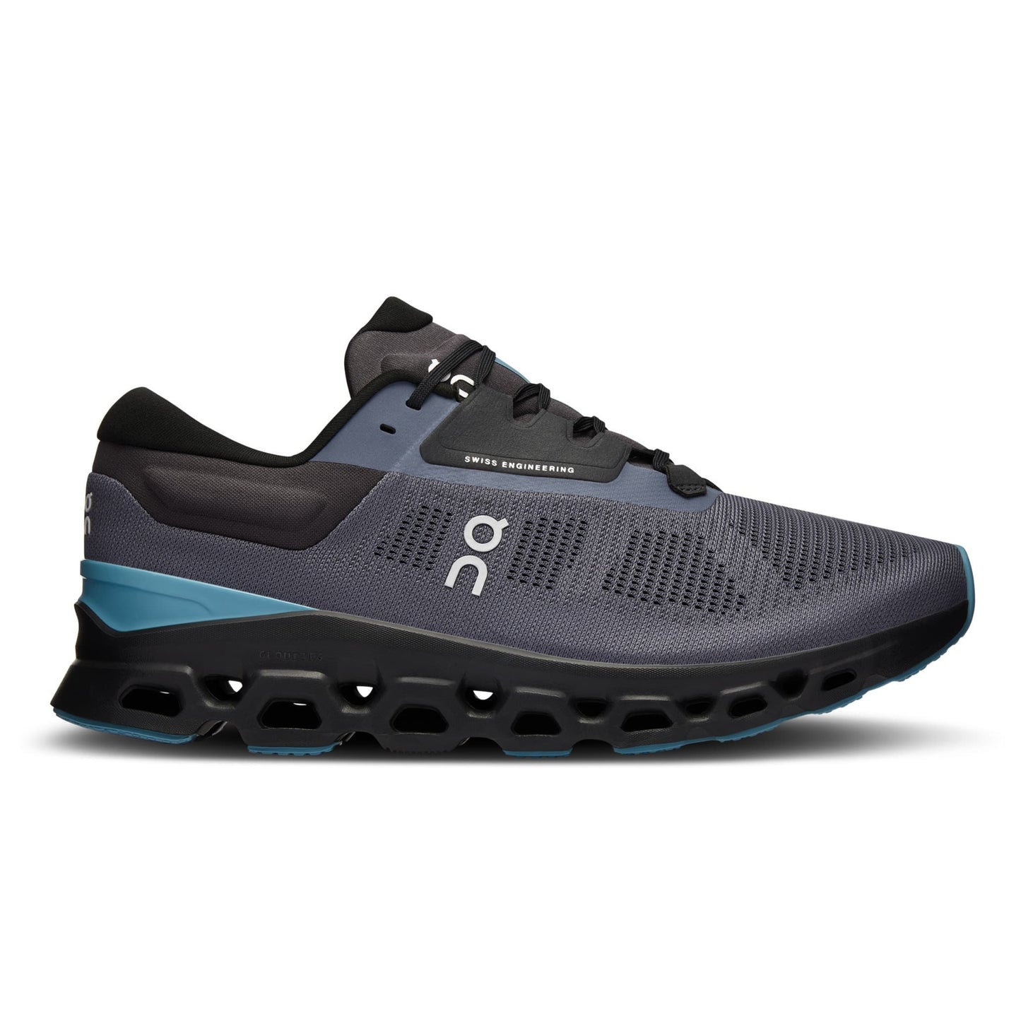 Gray and black running shoe with blue accents on a white background