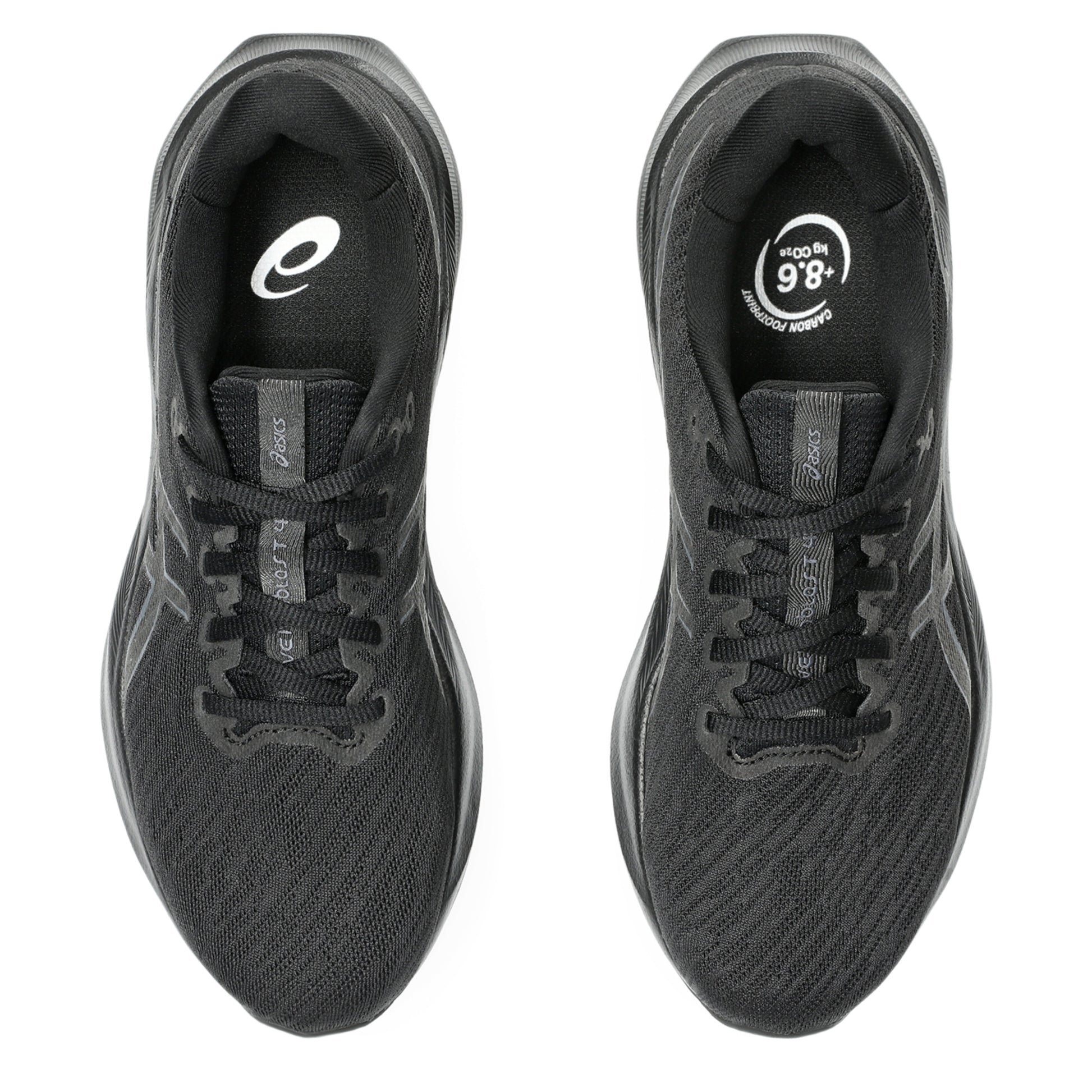 Black Asics running shoes with brand logo on a white background