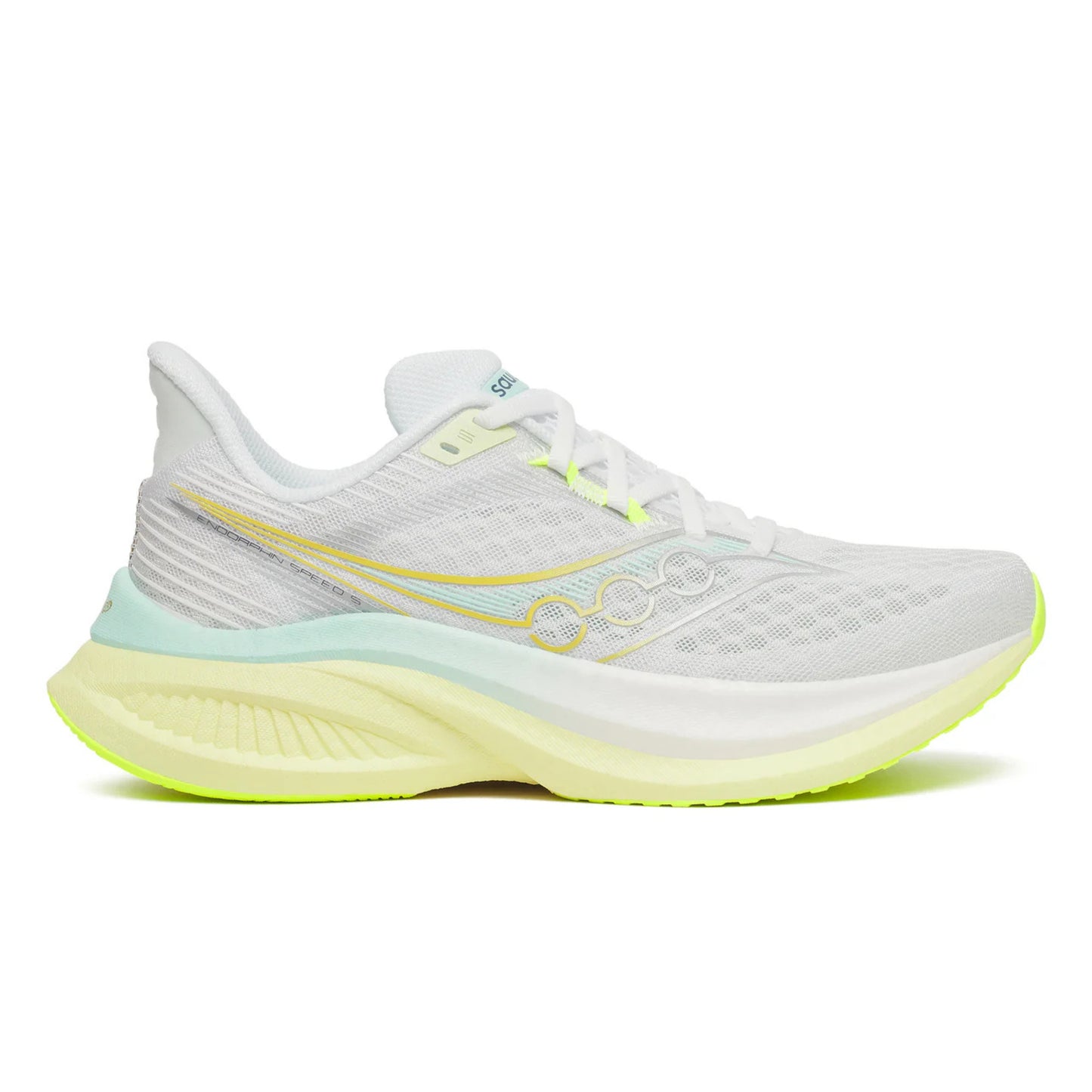 White Saucony running shoe with yellow accents on a white background