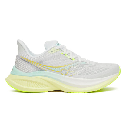 White Saucony running shoe with yellow accents on a white background