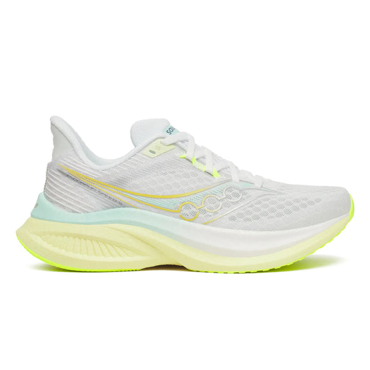 White Saucony running shoe with yellow accents on a white background