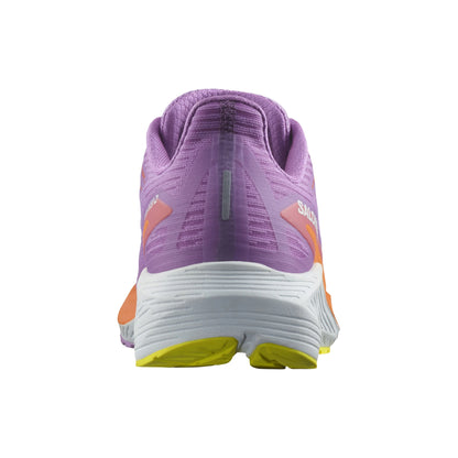 Purple Salomon running shoe with orange accents on a white background