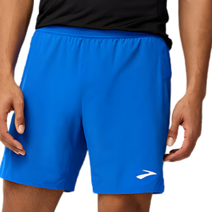Blue running shorts with a logo on a white background